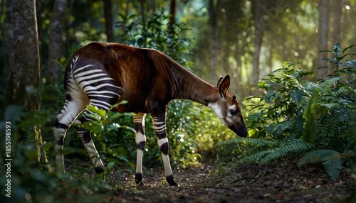 Obraz Rare Okapi Foraging in Dappled Sunlight of a Lush Tropical Forest
