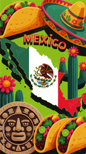 Colorful Mexico travel illustration with national flag map tacos sombrero cactus and Aztec calendar fiesta design