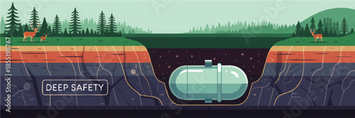 Underground nuclear waste storage safety concept with geology layers, forest wildlife landscape and secure deep repository capsule