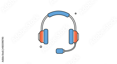 Modern flat icon of a professional headset with a microphone in blue and orange colors for customer service or gaming communication.