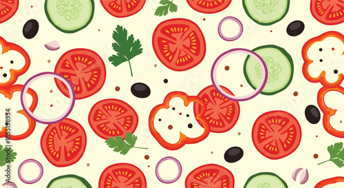 Seamless pattern of freshly sliced vegetables including tomatoes, cucumbers, onions, and bell peppers for healthy food concepts.