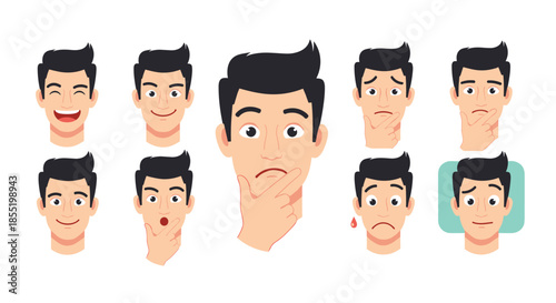 Collection of cartoon male head avatars showcasing various facial expressions like happiness, confusion, and surprise on a white background.