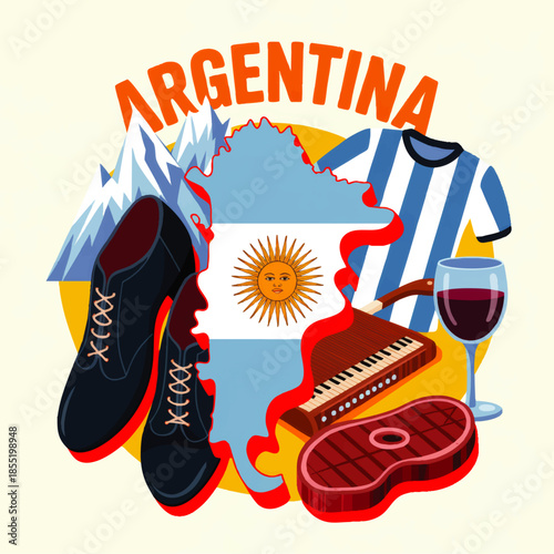 Argentina culture illustration with tango shoes, flag map, football jersey, Andes mountains, steak, bandoneon and red wine
