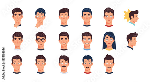 Comprehensive set of diverse human avatars with various hairstyles and facial expressions including smiles, frowns, and thoughtful looks.