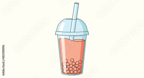 Refreshing illustration of a peach colored bubble tea with black tapioca pearls in a plastic cup with a dome lid and a straw.