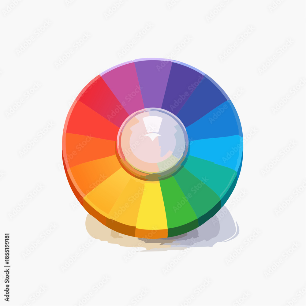 Fototapeta premium Colorful cartoon wheel with rainbow segments and a central white sphere, casting a soft shadow.