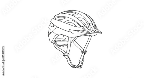 Clean black and white line drawing of a modern bicycle helmet showing detailed safety ventilation and strap components.