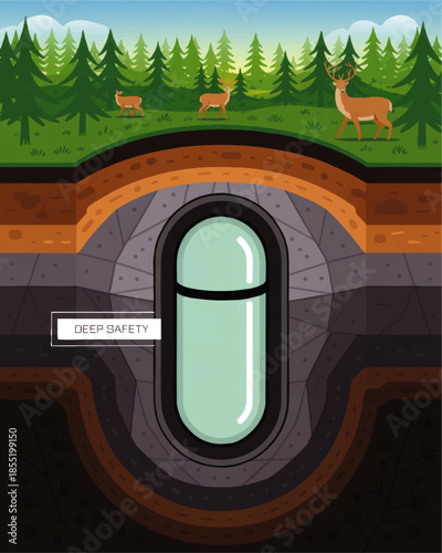 Deep geological repository illustration with underground capsule, forest wildlife habitat, nuclear waste storage and environmental safety concept