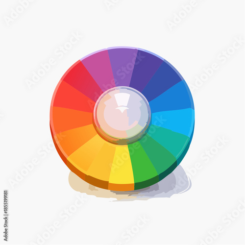 Colorful cartoon wheel with rainbow segments and a central white sphere, casting a soft shadow.