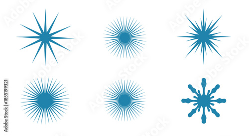 Collection of blue starburst and snowflake shapes with varying degrees of complexity and sharp points for winter or festive themes.