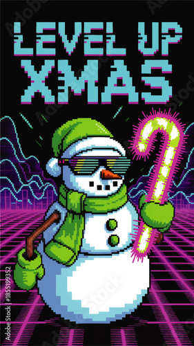 Retro gaming Christmas snowman with neon candy cane, pixel art Level Up Xmas illustration on black background