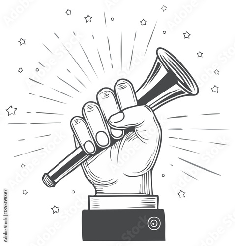 Hand holding a musical instrument in vintage style with radiating lines and stars