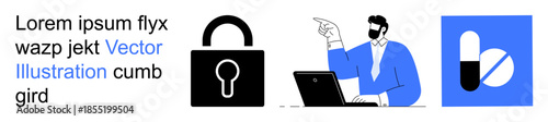 Cybersecurity, telehealth, digital medicine, online privacy, technical guidance, pharmaceutical concepts. A lock icon, a man with a laptop pointing and pill symbols. Cybersecurity and telehealth
