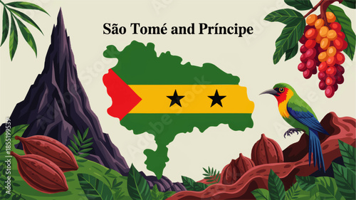 São Tomé and Príncipe map with national flag, cocoa pods, tropical bird, volcano mountain and rainforest plants illustration