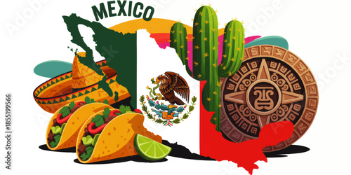 Colorful Mexico illustration with flag map, tacos, sombrero, cactus and Aztec calendar for travel, fiesta and Cinco de Mayo design