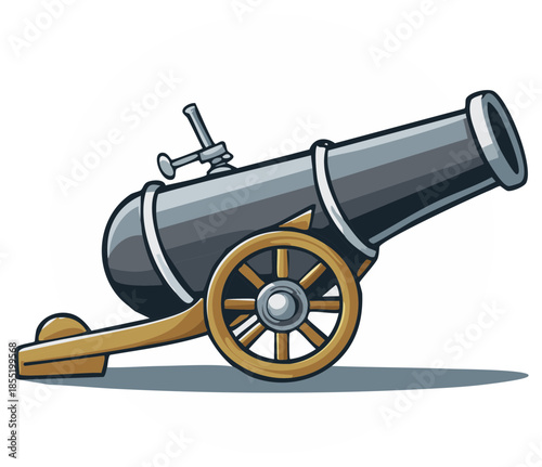 Illustration of a cannon with wooden wheels and gray barrel, aiming upwards. Vector image of an old war instrument.