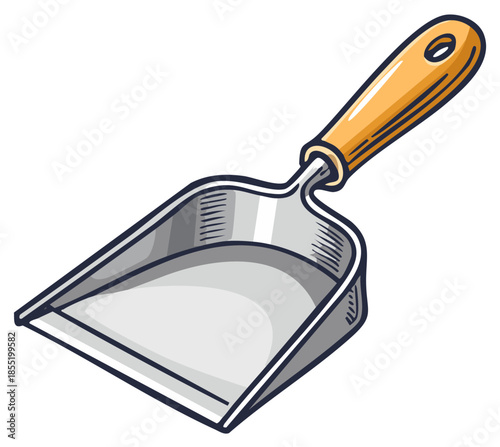 Handheld dustpan with bright yellow wooden handle for cleaning and sweeping tasks