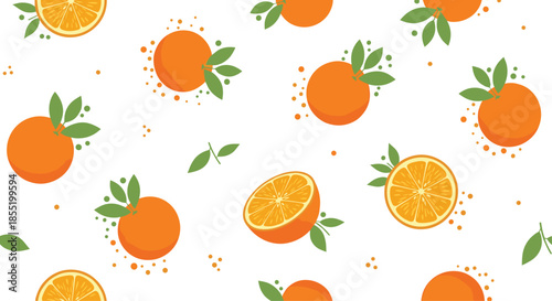 Seamless pattern design with fresh whole oranges and citrus fruit slices accompanied by green leaves and decorative dots.