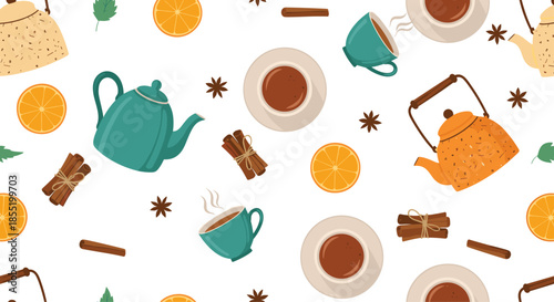 Seamless pattern showcasing teapots and cups of tea with orange slices star anise and cinnamon sticks for a cozy atmosphere.