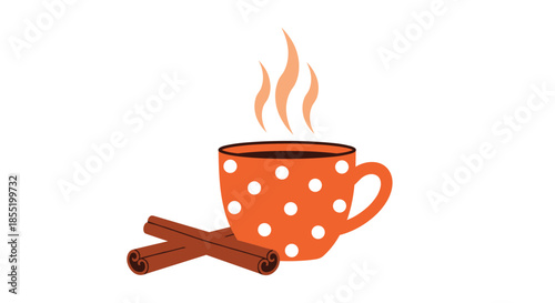 Cozy orange polka dot mug filled with a steaming hot beverage and paired with two cinnamon sticks on a white background.