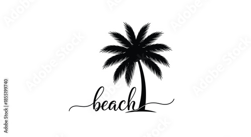 Elegant black silhouette of a single palm tree above stylized cursive beach text isolated on a clean white background.