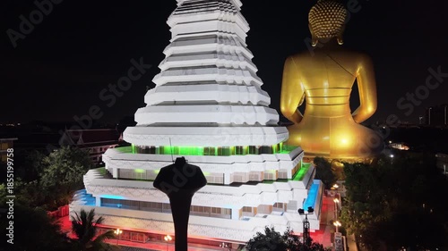 Bangkok, Thailand - 24th December 2025: Aerial View of Giant Buddha from Chao Phraya River at night