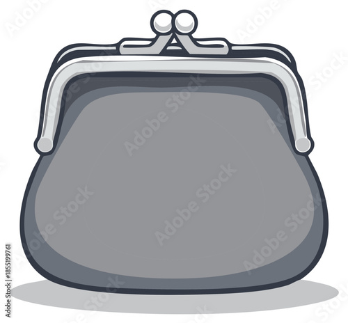 Cartoon illustration of a gray coin purse with clasp closure for holding money change and small valuables finance theme