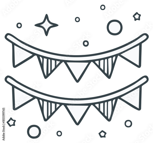 Festive garland banner illustration with stars and confetti.