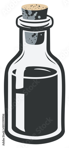 Cartoon-style glass bottle with a cork containing a dark liquid in vector illustration.