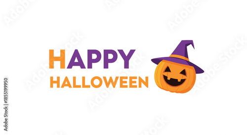 Festive happy halloween banner featuring a carved jack o lantern pumpkin wearing a purple witch hat on a white background.
