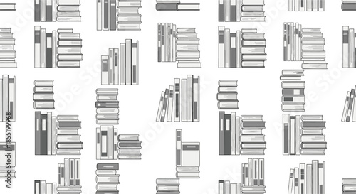 Seamless pattern showcasing multiple stacks and rows of books in shades of grey representing a library or study space.
