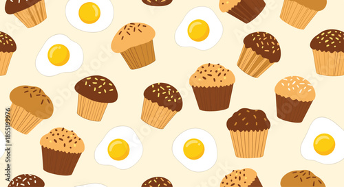 Fun seamless pattern design featuring brown chocolate muffins and fried sunny side up eggs on a light cream background.