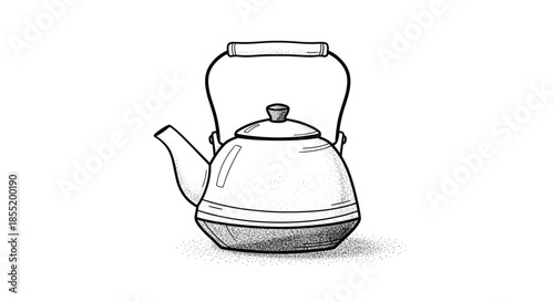 Vintage style stippled drawing of a classic metal stovetop kettle with a handle and spout isolated on white.