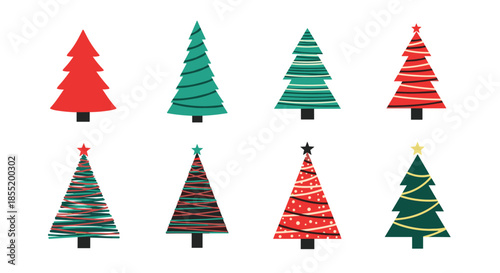Diverse collection of eight stylized christmas trees featuring different colors patterns and star toppers for holiday designs.