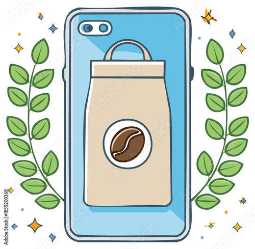 Mobile phone displaying coffee bean bag icon with leafy border and sparkling accents