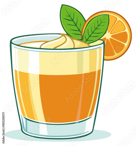 Refreshing orange cocktail with creamy topping, mint, and citrus slice garnish