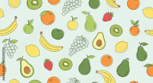 Colorful seamless pattern showcasing a variety of whole and sliced fruits like bananas grapes apples and strawberries.