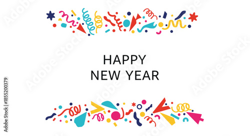 Festive happy new year banner with central text framed by colorful confetti squiggles and stars on a white background.
