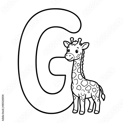 Cute Animal Alphabet Coloring Page for Kids, Black and White Line Art
