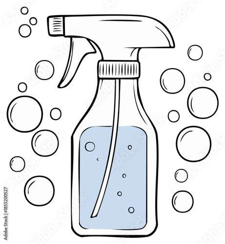 Outline Illustration of a Spray Bottle with Bubbles for Cleaning and Sanitizing Solutions