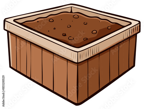 Cartoon illustration of a wooden planter box filled with soil and pebbles