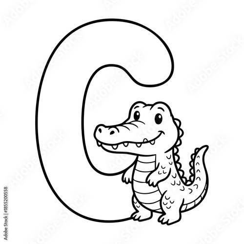 Cute Animal Alphabet Coloring Page for Kids, Black and White Line Art