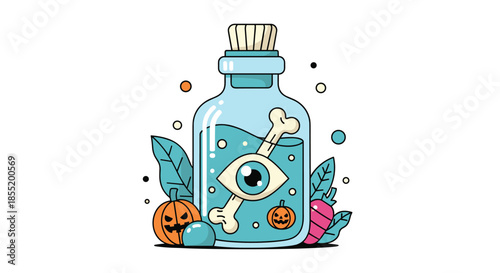 Cartoon style magic potion jar with a large eye and bone inside surrounded by orange pumpkins and teal leaves on a white base.