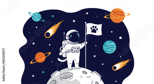 Brave cat astronaut standing on the moon holding a flag surrounded by colorful planets, meteors, and stars in deep outer space.