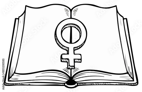 Open book with female gender symbol representing feminine knowledge and empowerment