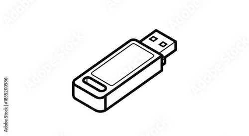 Technical line drawing of a flash drive or usb memory stick shown in an isometric view on a clean white background for storage.