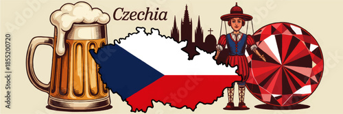 Czechia travel illustration with beer mug, Czech flag map, Prague skyline, folk costume puppet and red gemstone on beige background