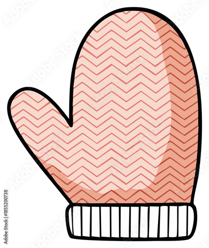 Illustrated pink winter mitten with chevron pattern for warmth and cozy weather
