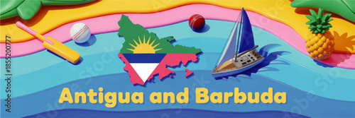 Antigua and Barbuda colorful 3D travel banner with island map, sailboat, cricket bat, tropical beach waves and summer pineapple