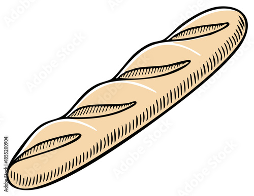 Illustration of a golden tan crusty baguette fresh from the bakery with indents along its length
